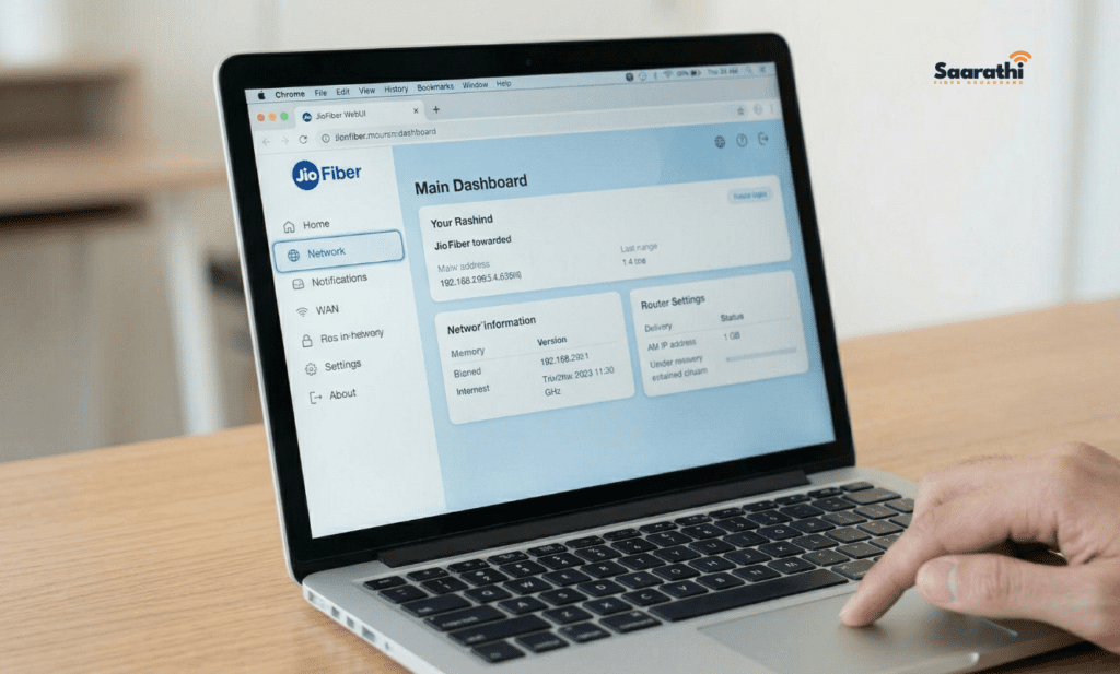 Navigating to the Network settings tab on the JioFiber router web interface main dashboard.