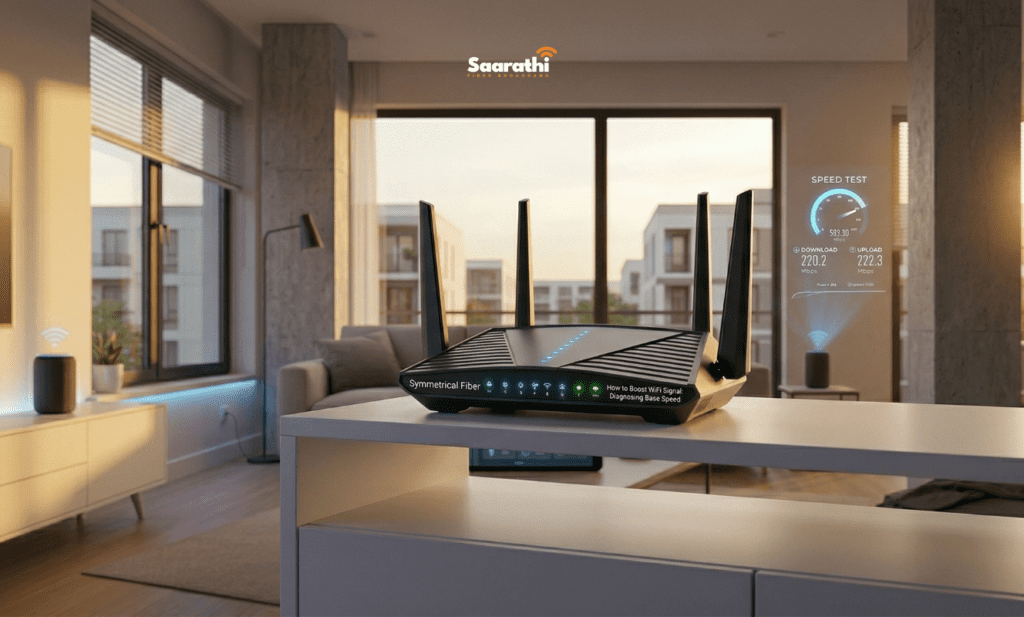 A premium product photograph focusing on the modern black dual-band router, consistent with previous visuals, SITUATED centrally on an elevated media console in a contemporary Wagholi apartment. Soft afternoon light, identical to prior network troubleshoot visuals, streams through large windows. Visible thick concrete structural pillars frame the background residential buildings. Subtle white decals on the router casing read 'Symmetrical Fiber' and 'How to Boost WiFi Signal: Diagnosing Base Speed'. Speed test results are projected on the adjacent wall. The scene invites confidence, contrasting previous frustrating evening network scenarios and emphasizing hardware optimized locally.
