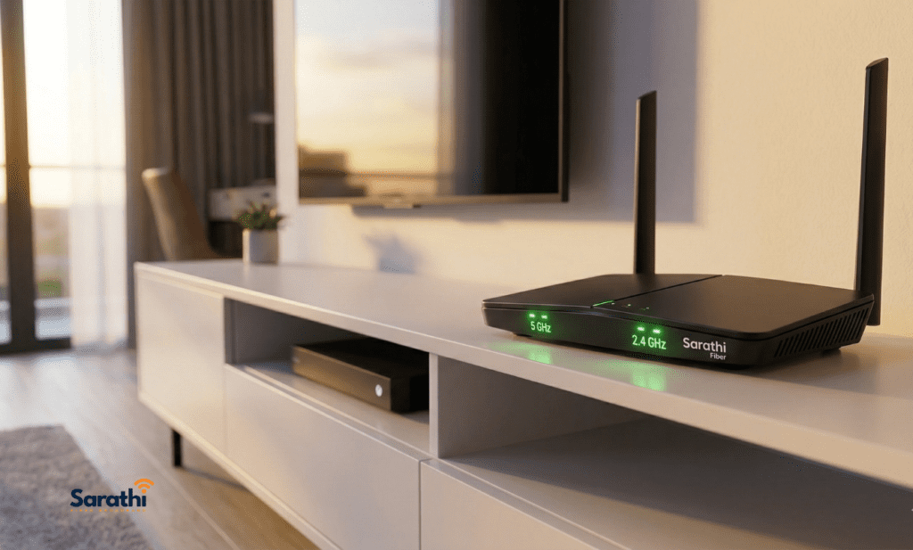 A close-up photograph of a sleek, modern black dual-band router with distinct green indicator lights for "5 GHz" and "2.4 GHz" and a subtle Sarathi Fiber logo on an elevated white media console.