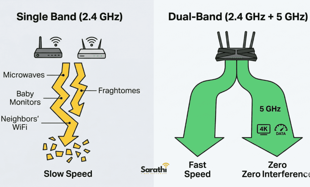 A comparison infographic between 'Single Band (2.4 GHz)' showing congested traffic with jagged red arrows, and 'Dual-Band (2.4 GHz + 5 GHz)' showing smooth green arrows with 4K streaming and high-speed data moving instantly.