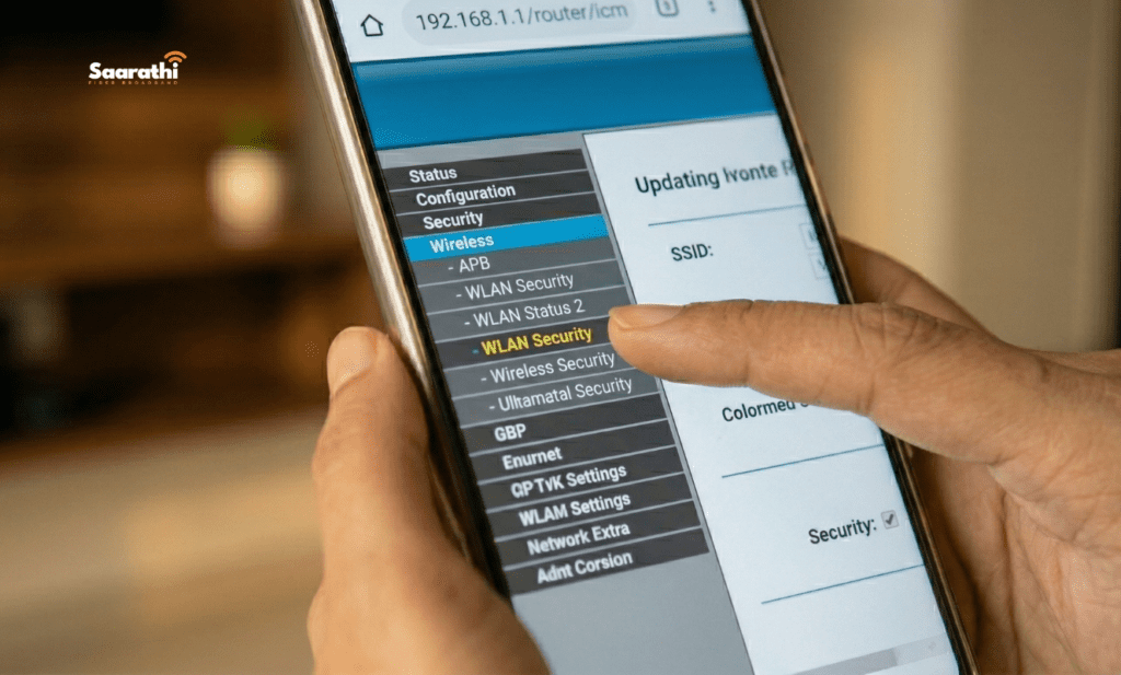 A macro close-up of a smartphone screen showing the expanded vertical menu of a router administration interface, highlighting the 'WLAN Security' or 'Wireless Security' section tapped by the user's finger to change WiFi password from mobile.