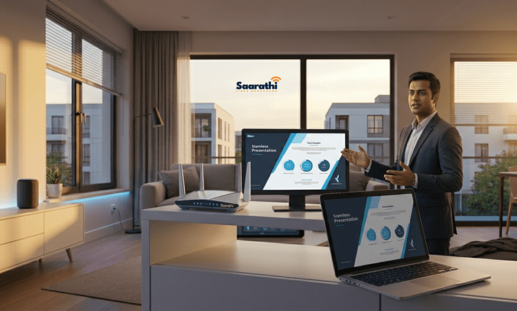 An Indian professional man in his early 30s, well-dressed, in a modern minimalist home office in a luxury Wagholi apartment near Porwal Road, similar in architecture to image_100.png and image_102.png. Large windows show neighboring residential buildings under soft natural natural light streams in at dusk. He is confidently leading a flawless video presentation, standing and speaking clearly. Soft natural natural light streams in. The modern router (from image_103.png) has a subtle Saarathi decal. The laptop (consistent design) has a clean, un-buffered video feed. The professional atmosphere contrasts with the initial frustration. A successful presentation proves why no VPN keeps disconnecting Pune.