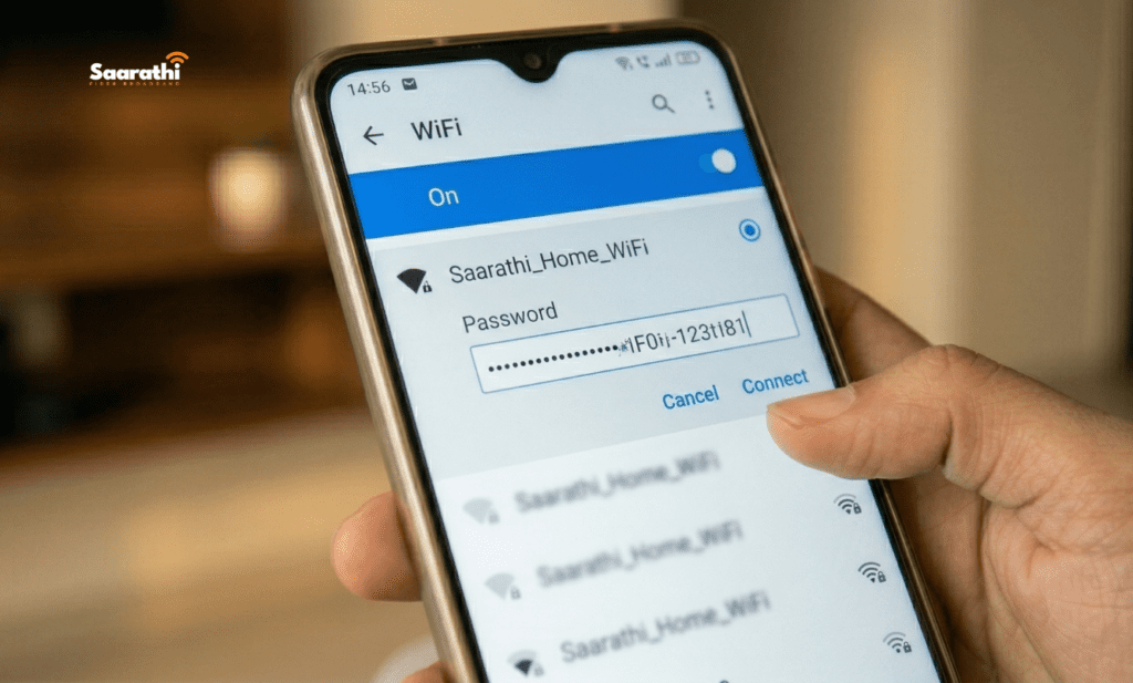 A close-up of a user's finger (matching the professional WFH look from image_140.png and image_142.png) poised to tap 'Connect' in the native smartphone WiFi settings menu. The screen is focused on the password prompt for 'Saarathi_Home_WiFi', illustrating the final step when you securely change WiFi password from mobile and rejoin the new network.