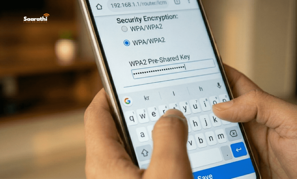 A macro close-up of an Indian woman's fingers (skin texture consistent with image_140.png and image_142.png) typing a strong, long password into the WPA2 Pre-Shared Key input field on a smartphone to change WiFi password from mobile.