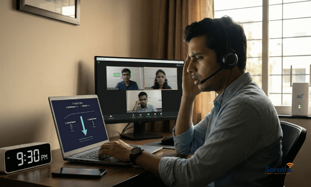 A stressed remote worker in Wagholi experiencing a frozen Zoom call due to low upload speeds, proving it is time to switch your broadband in Wagholi.