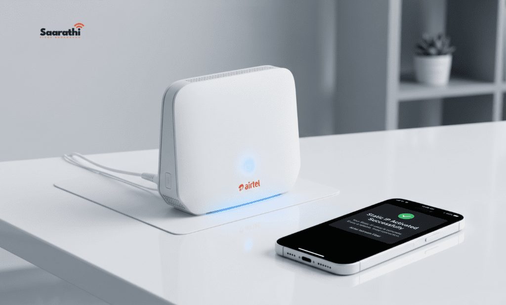 Smartphone showing successful static IP activation next to an Airtel Xstream router.