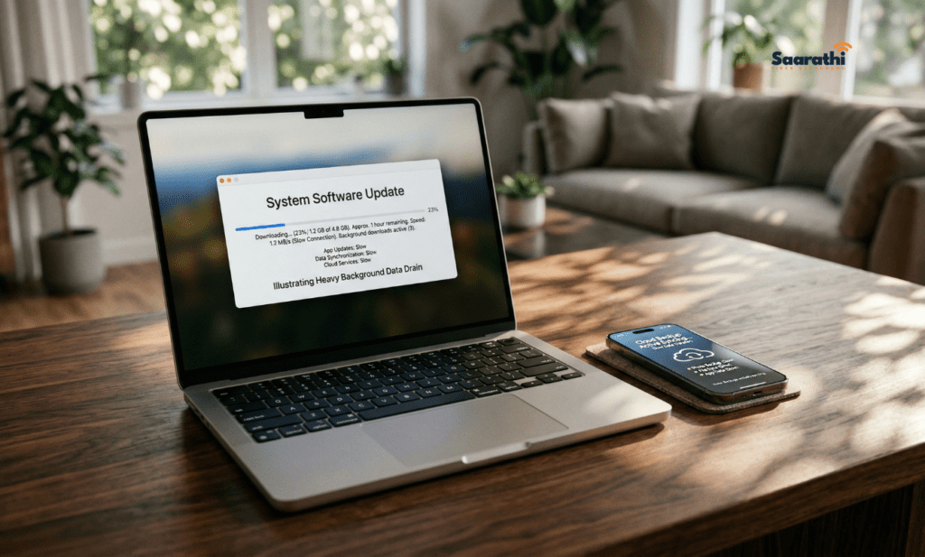 Laptop downloading a massive system software update next to a phone syncing cloud backups.