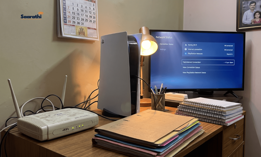 A PS5 console showing NAT Type Open connected to a traditional BSNL broadband modem.