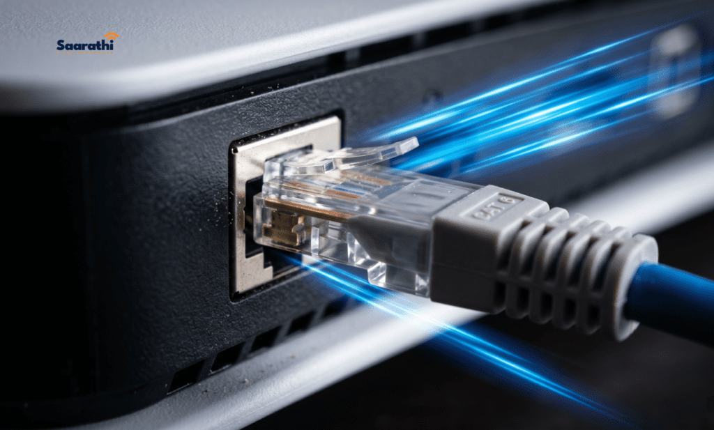 Plugging a high-speed Cat 6 ethernet cable into a gaming console to eliminate Wi-Fi latency.