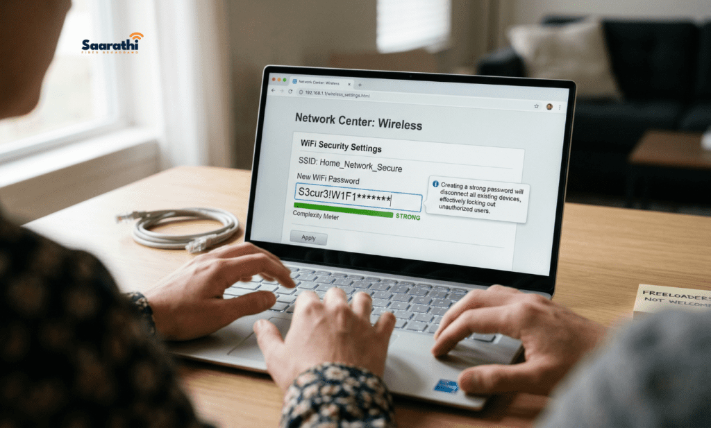 Typing a new complex WiFi password into the wireless security settings page on a laptop browser.