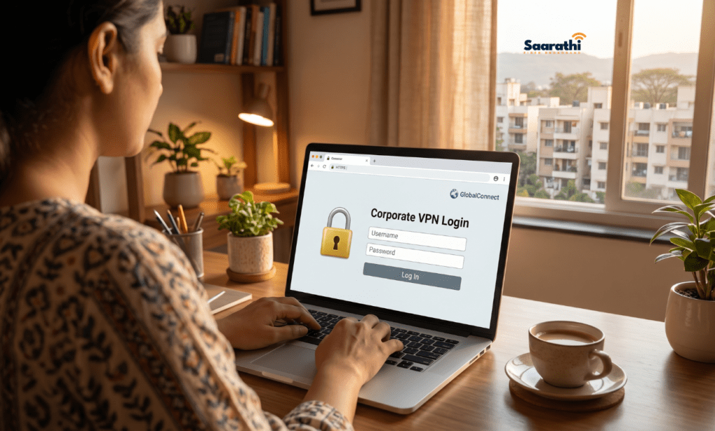Professional working remotely on a laptop requiring a fixed IP address to access a secure corporate VPN.
