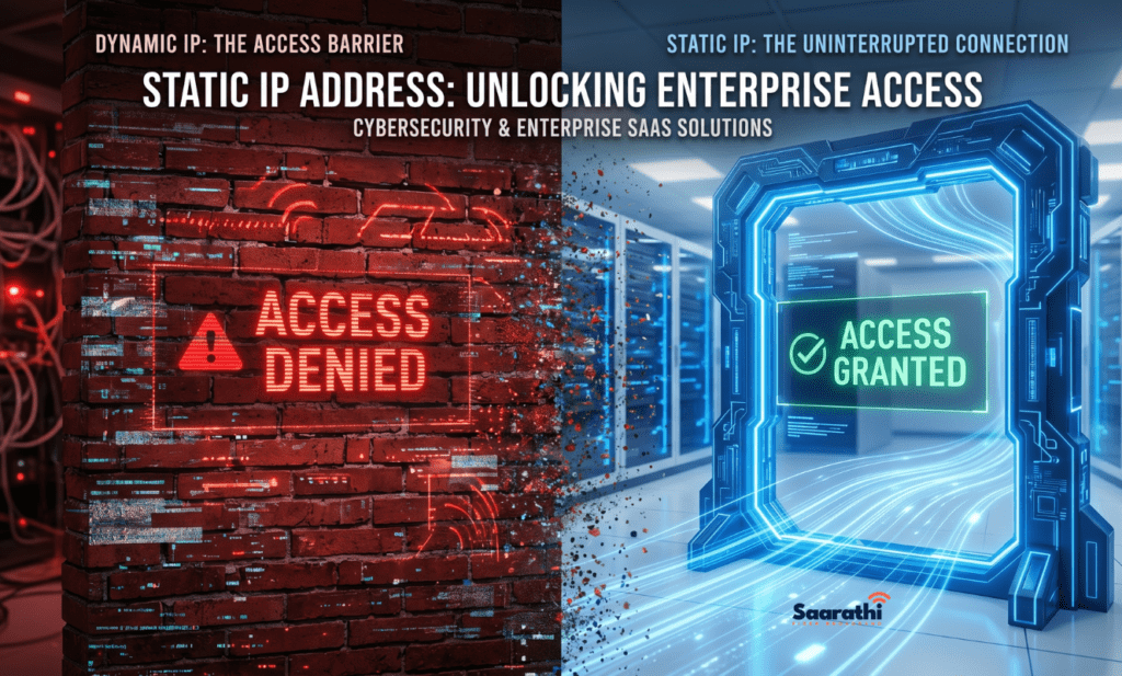 Firewall blocking access due to dynamic IP rotation versus a static IP for remote work India granting access.
