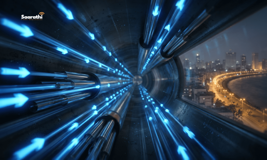 Glowing data packets traveling through a fiber optic cable, illustrating that physical routing determines ping, not IP type.