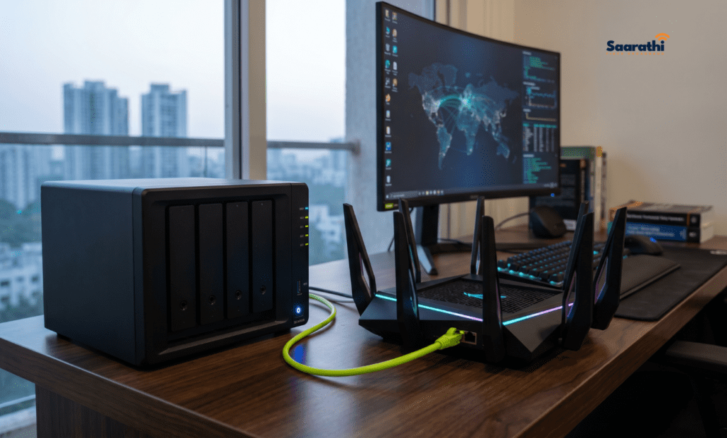 Network Attached Storage drive connected to a gaming router needing a static IP in India for remote access.