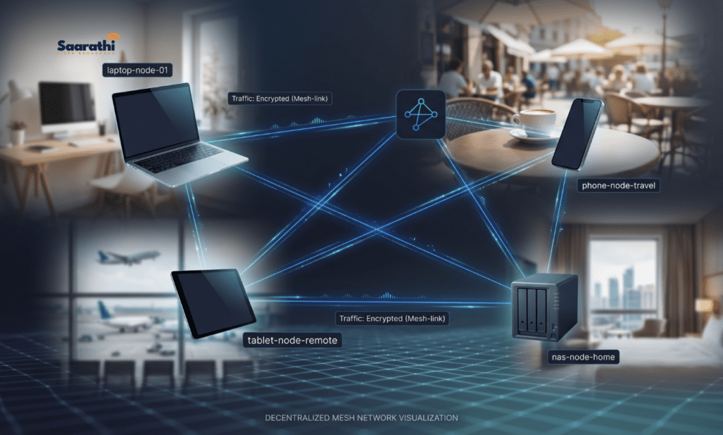Conceptual visualization of a decentralized mesh network connecting remote devices securely without a fixed IP.