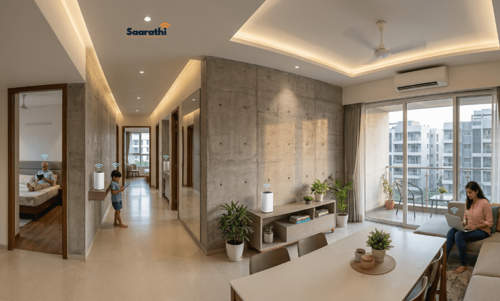 Mesh WiFi system nodes distributed across a modern apartment to bypass thick concrete walls.