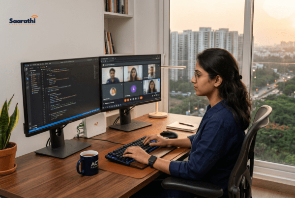 Professional working in a modern home office needing a static IP for remote work India.