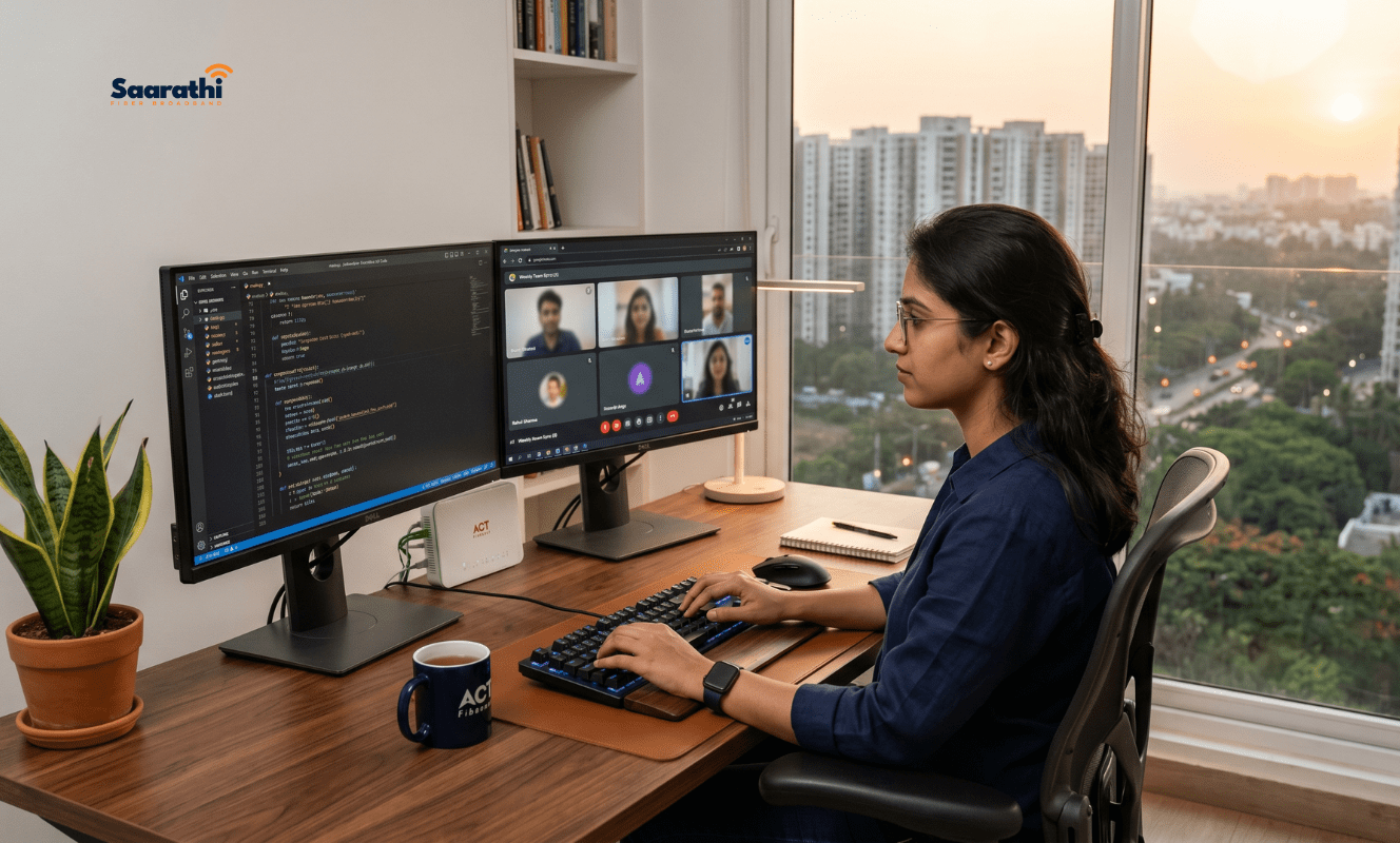 Professional working in a modern home office needing a static IP for remote work India.