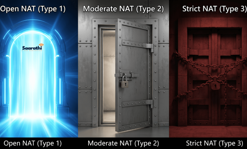 Three doors representing Open NAT Type 1, Moderate NAT Type 2, and Strict NAT Type 3 for gaming connectivity.