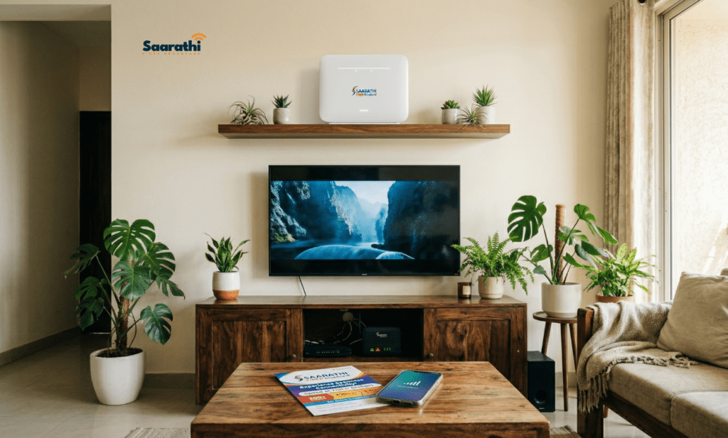 White Saarathi Fiber router placed high on an open wooden wall shelf above a TV for best signal.