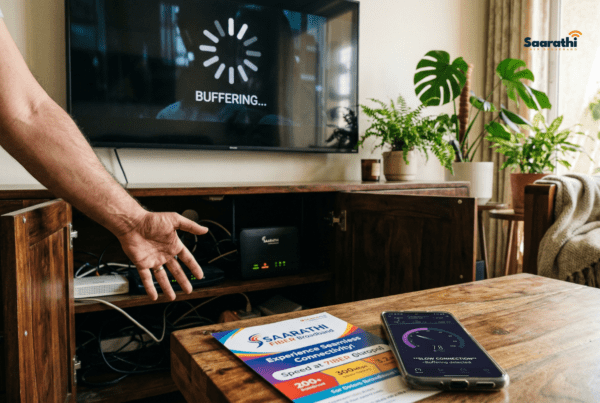 Frustrated person looking at a buffering TV screen with a hidden WiFi router in a wooden cabinet.