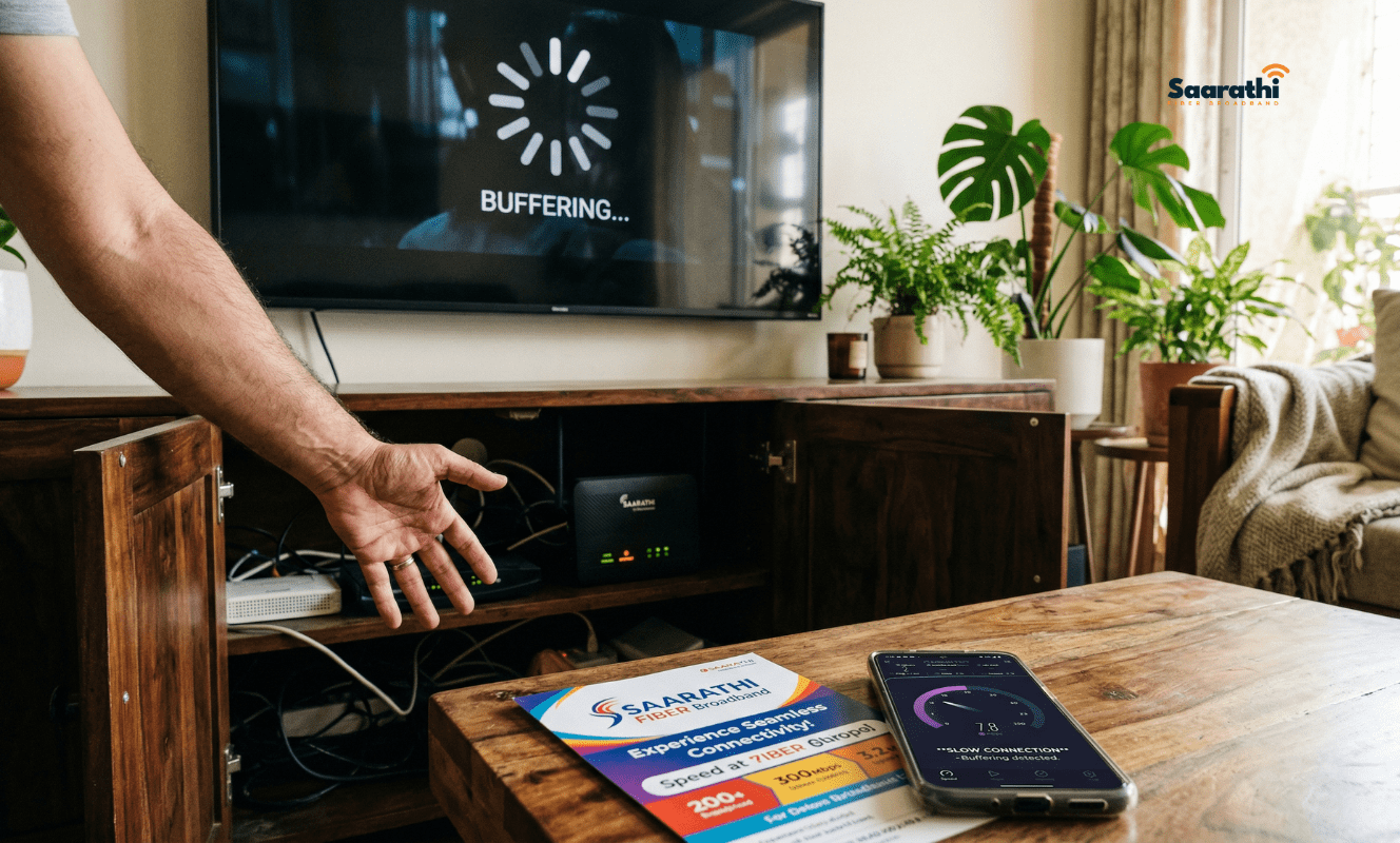 Frustrated person looking at a buffering TV screen with a hidden WiFi router in a wooden cabinet.