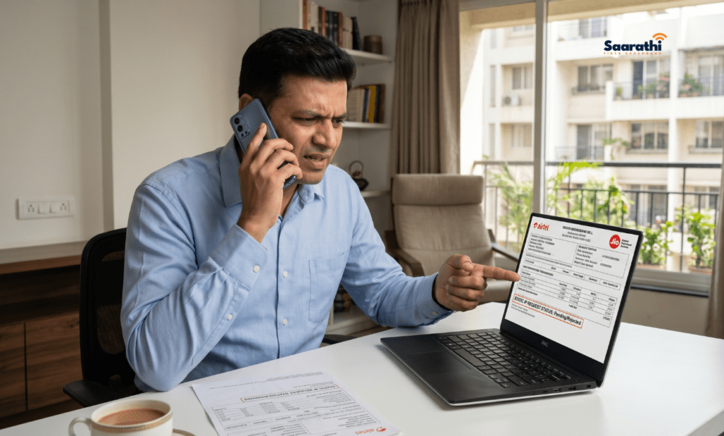 Frustrated broadband customer calling ISP support to request a static IP in India.
