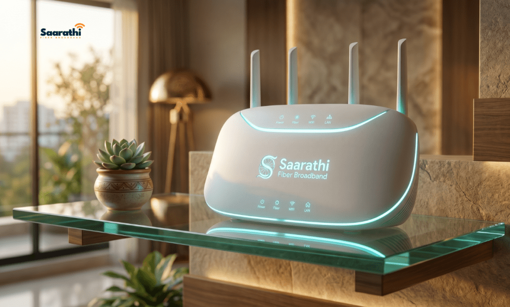 A sleek Saarathi Fiber Broadband router providing a low-latency connection and a static IP for gaming India.