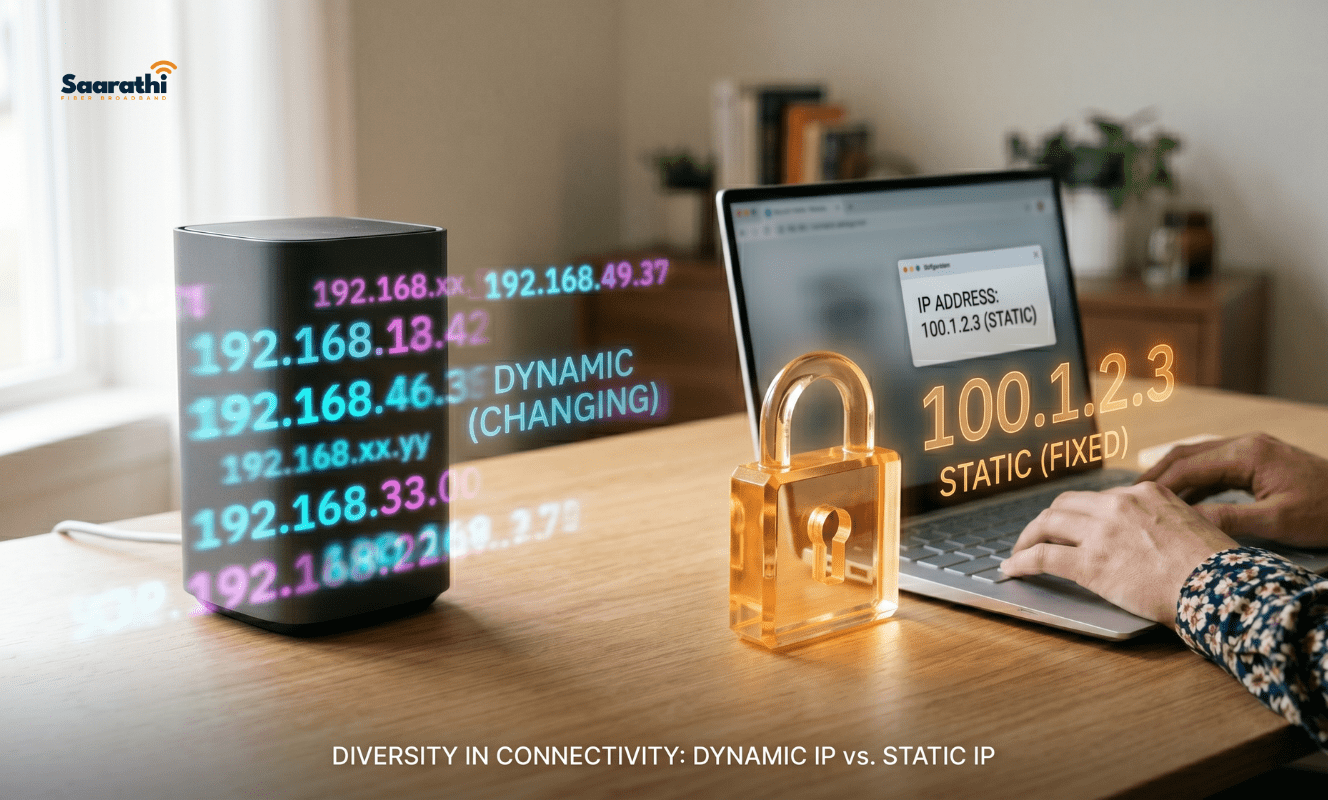 Visual comparison of a dynamic address versus a static IP in India for home broadband networks.
