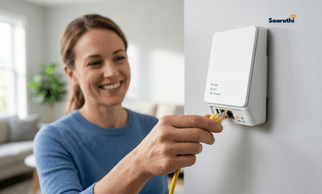 Happy customer connecting a yellow ethernet cable to a white wall-mounted Saarathi Fiber Broadband ONT device.