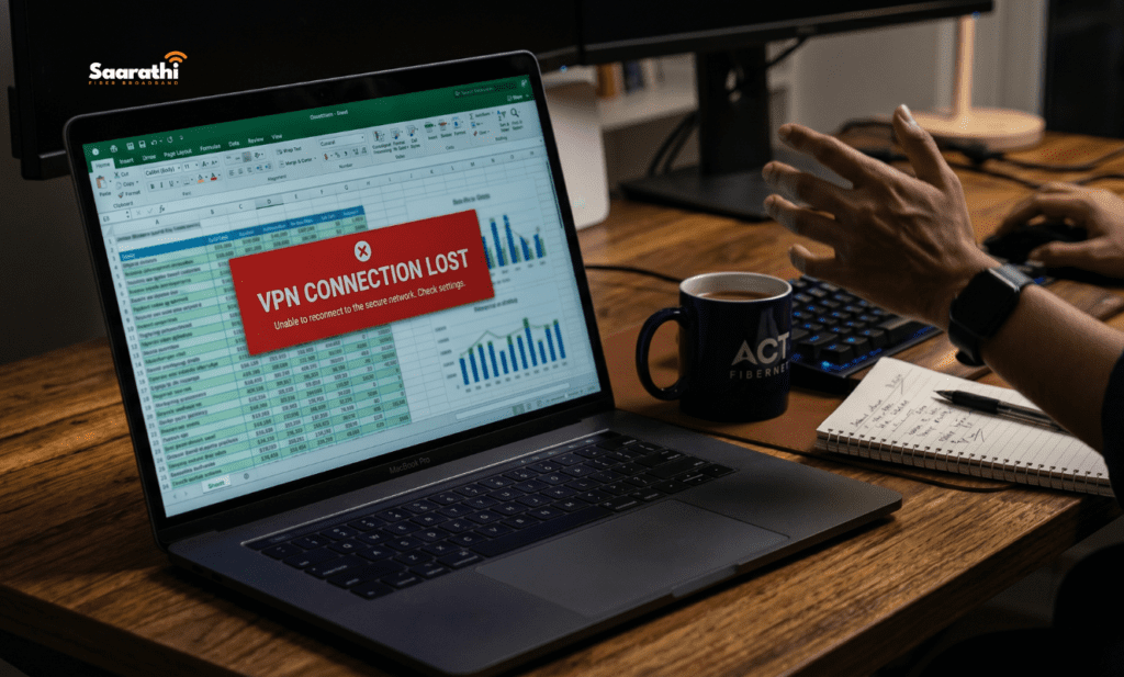 Laptop screen displaying a VPN connection lost error over a spreadsheet.