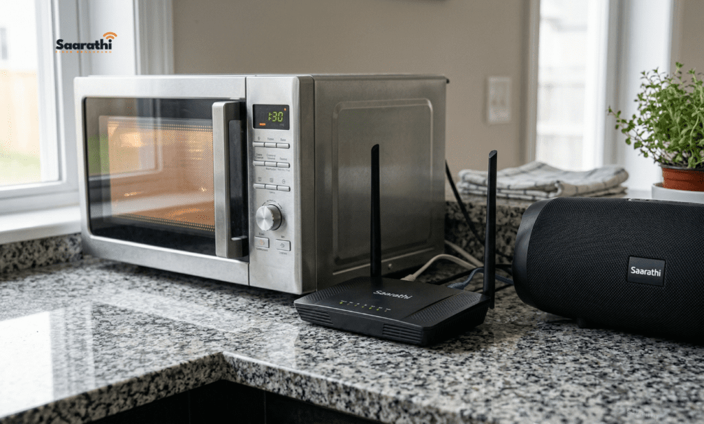 Black WiFi router placed incorrectly on a kitchen counter next to a microwave oven and Bluetooth speaker.