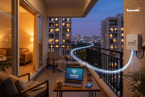 Modern Indian apartment balcony at dusk, warm interior lighting, glowing blue fiber-optic light trail leading from a wall router toward the city skyline, laptop and smartphone on table showing strong wifi signal, cinematic editorial photography style, 1328x800, landscape orientation, soft bokeh, warm and cool color contrast