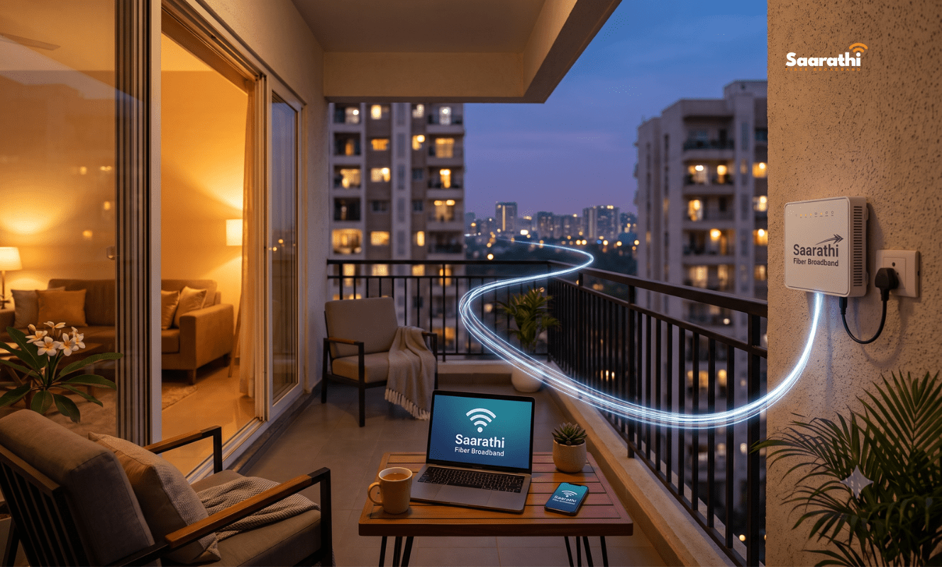 Modern Indian apartment balcony at dusk, warm interior lighting, glowing blue fiber-optic light trail leading from a wall router toward the city skyline, laptop and smartphone on table showing strong wifi signal, cinematic editorial photography style, 1328x800, landscape orientation, soft bokeh, warm and cool color contrast